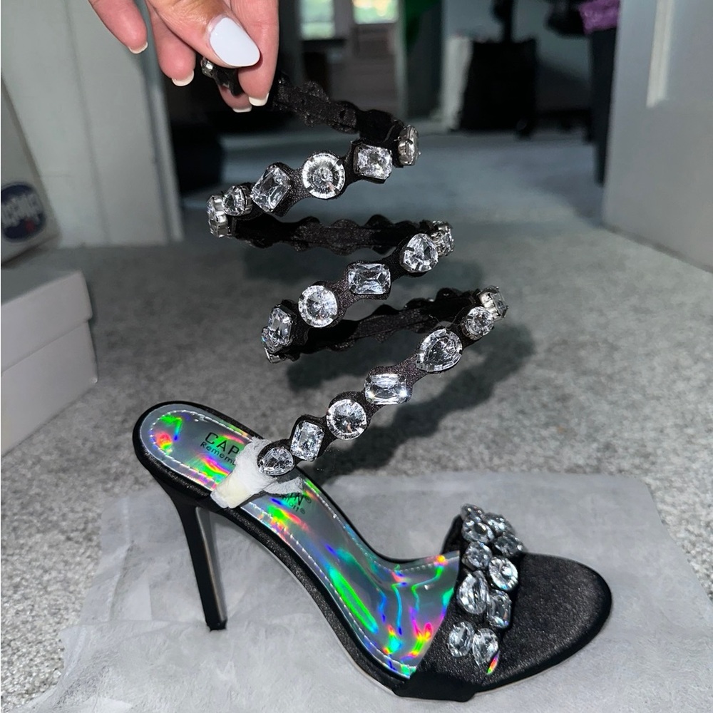 Miss Lola Black Heels with Crystal Accents